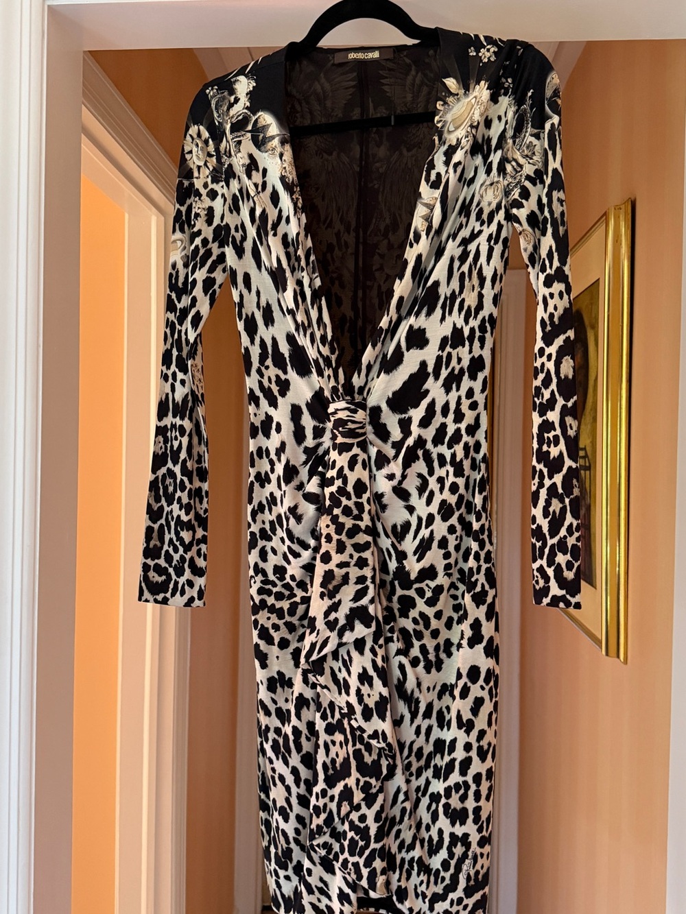 Roberto Cavalli Black and White Leopard-Print Long Sleeve Knot-Front Dress